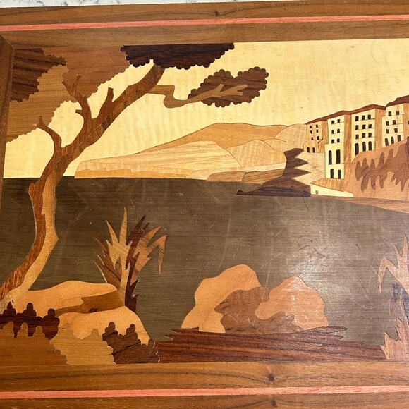 Wood Inlay Marquetry Panel European Coastal Scene Italy 16" x 12" Handcraafted - Picture 9 of 9